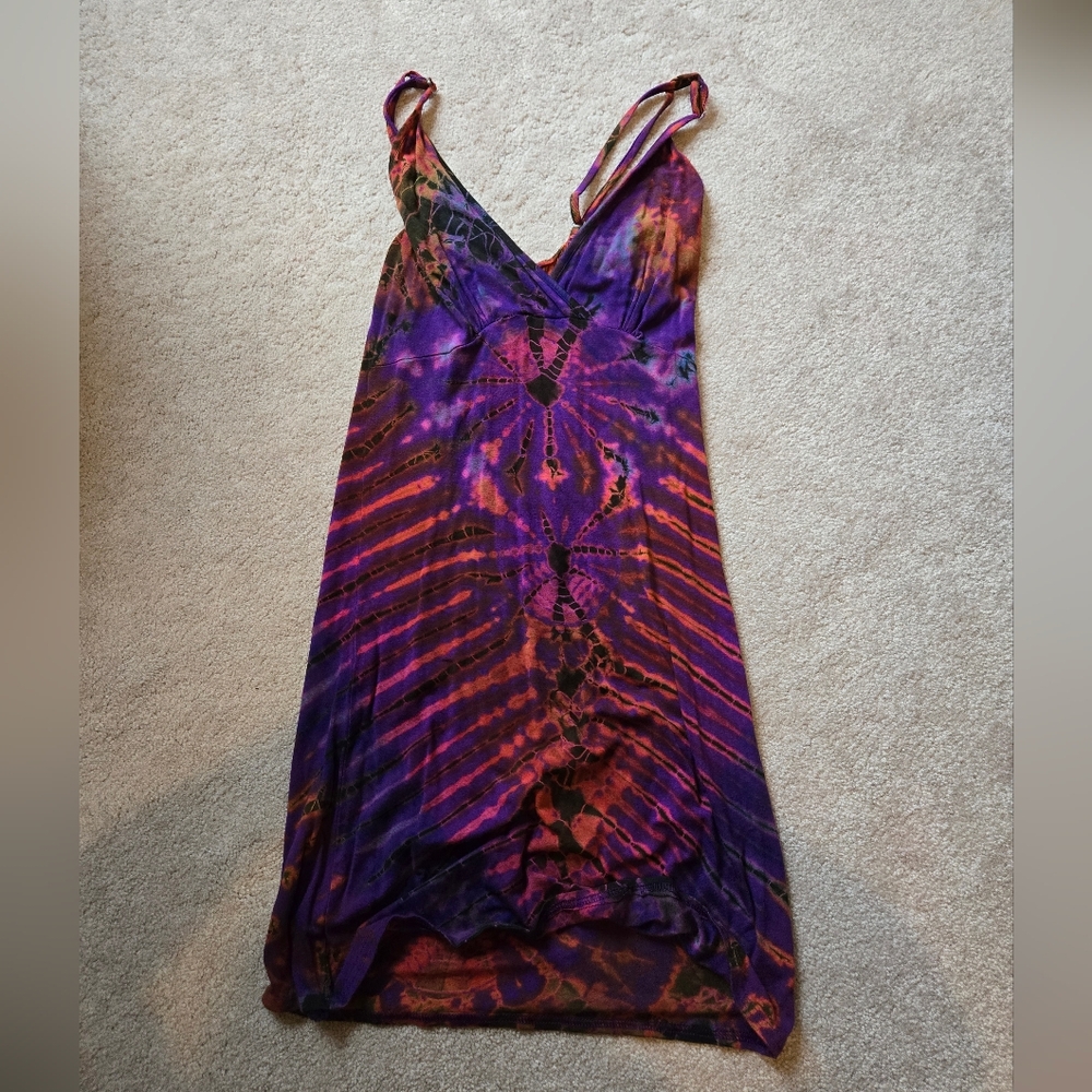 Women's Purple Tie-Dye Midi Dress with V-Neck